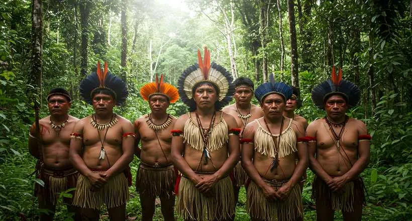 Grupo de homens indígenas em pé lado a lado em uma floresta, vestindo cocares coloridos e vestimentas tradicionais